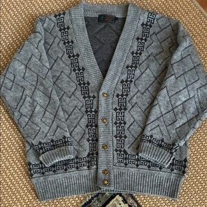 Vintage Men's Gray Patterned V-Neck Cardigan Sweater